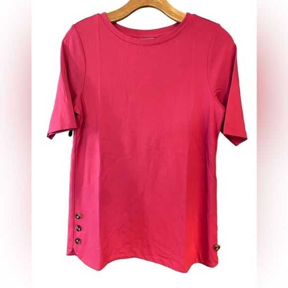 Chico’s Sz 0/Sm Solid Pink Side Button Detail Spandex Short Sleeve T-Shirt - Picture 1 of 6